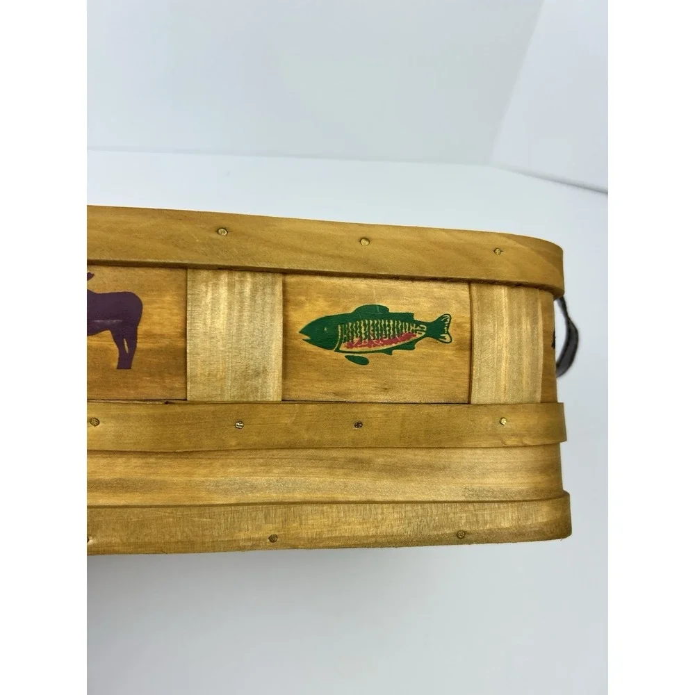 Vintage Rustic Bentwood Basket Bear Moose Fish Leather Handles Cabin Lodge Decor